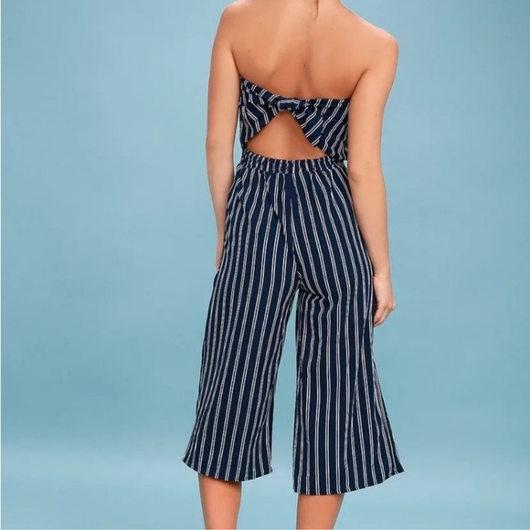 Lulus Jumpsuit Blue White Stripe Strapless Cropped Leg Open Back Elastic Waist - Picture 4 of 16